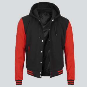 Men's Red And Black Varsity Jacket With Hood