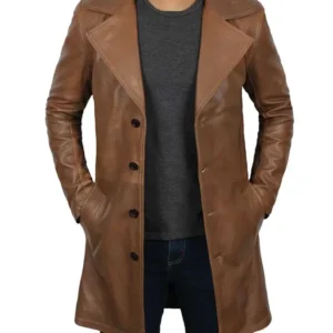 Mens 3/4 Length Brown Leather Car Coat