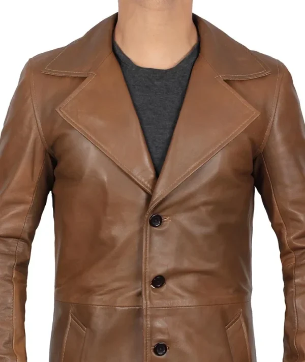 Mens 3/4 Length Brown Leather Car Coat