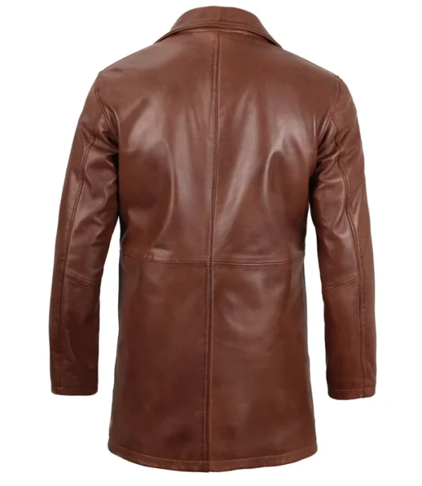 Tan Mens Distressed 3/4 Length Leather Car Coat