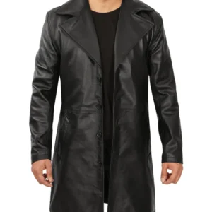 Mens Black 3/4 Length Real Leather Car Coat