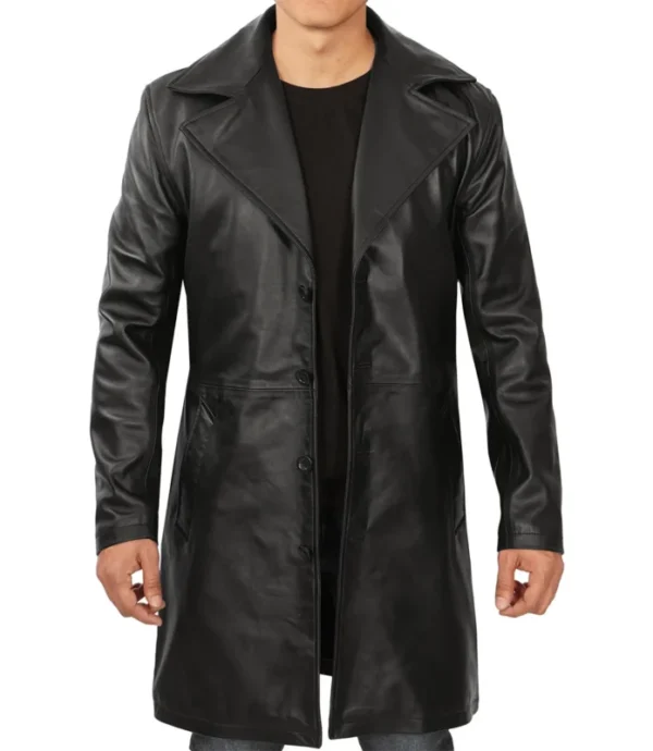 Mens Black 3/4 Length Real Leather Car Coat