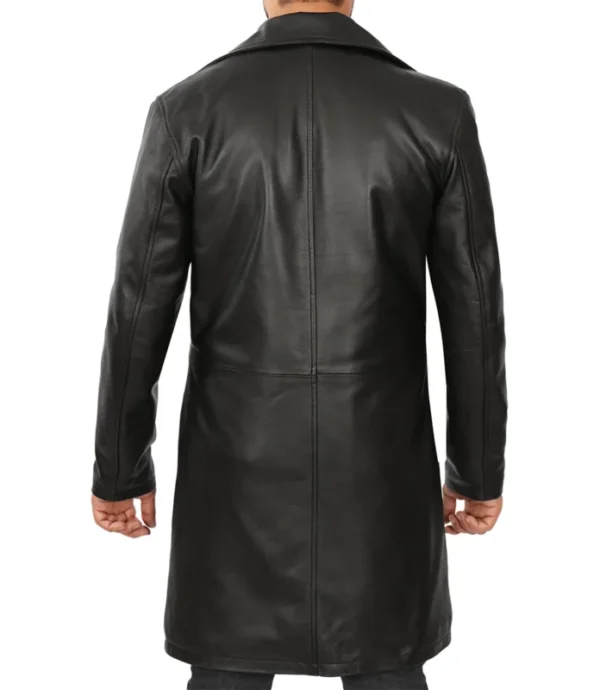 Mens Black 3/4 Length Real Leather Car Coat