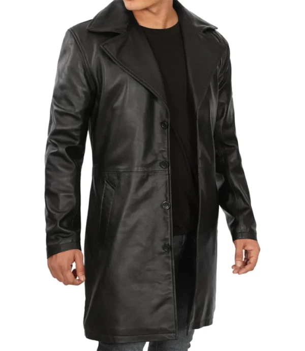 Mens Black 3/4 Length Real Leather Car Coat