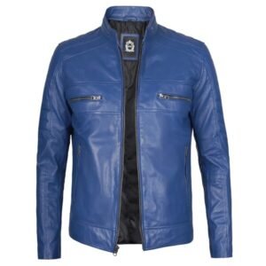 Austin Men Cafe Racer Blue Real Leather Jacket 3-01