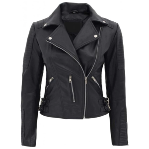 Bari Black Womens Premium Leather Biker Jacket 1