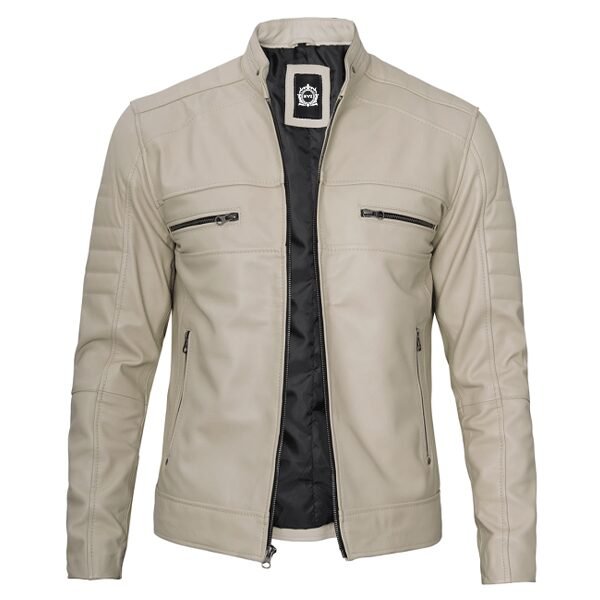 Beige Men Cafe Racer Real Leather Jacket 1-01