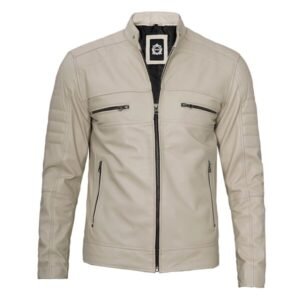 Beige Men Cafe Racer Real Leather Jacket 3-01