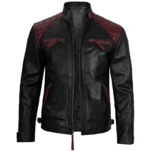 Black and Maroon Quilted Cafe Racer Leather Jacket