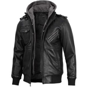 Black Bomber Mens Leather Jacket With Removable Hood 3