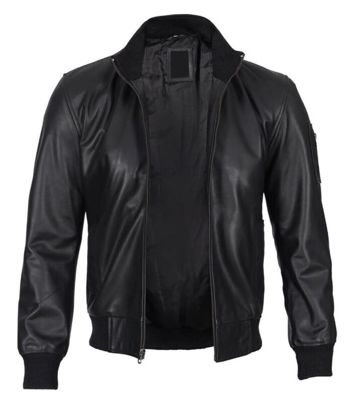 Black Real Cowhide Leather Bomber Jacket Mens01