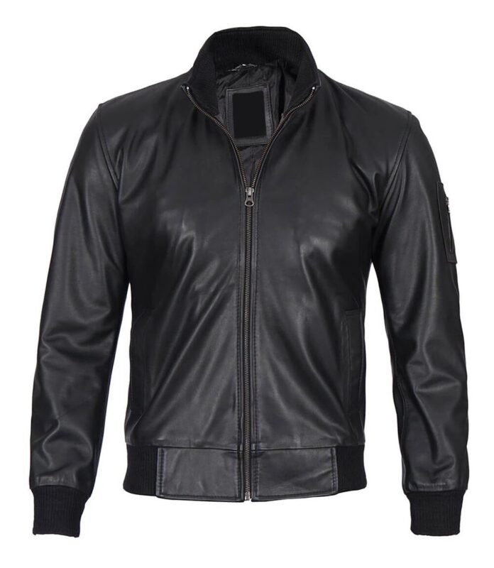 Black Real Cowhide Leather Bomber Jacket Mens02