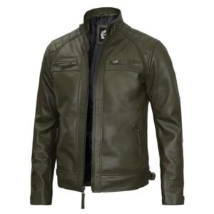 Classic Mens Dark Green Real Leather Cafe Racer Biker Jacket 3-01