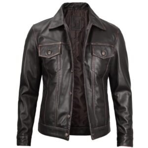 Dark Brown Leather Trucker Jacket Mens 2