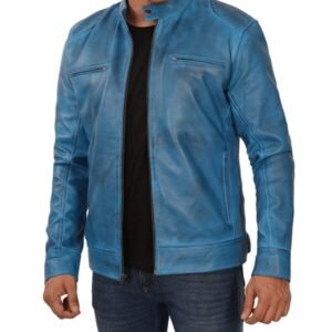 Dodge Cafe Racer Blue Leather Jacket Men 3