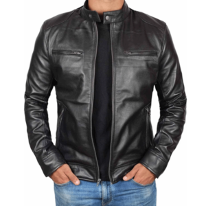 Dodge Mens Black Leather Cafe Racer Jacket - Biker Jacket