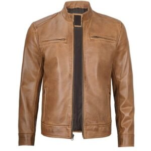 Dodge Mens Camel Leather Cafe Racer Jacket 1