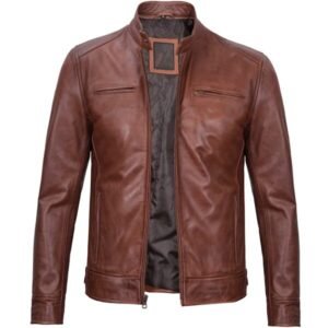 Dodge Mens Cognac Cafe Racer Leather Jacket 2