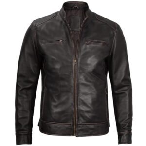 Dodge Mens Rub-Off Dark Brown Cafe Racer Leather Jacket 2