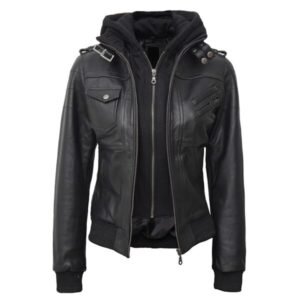 Edinburgh Womens Bomber Black Leather Jacket With Removable Hood