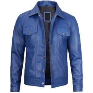 Fernando Blue Leather Trucker Jacket Mens 3