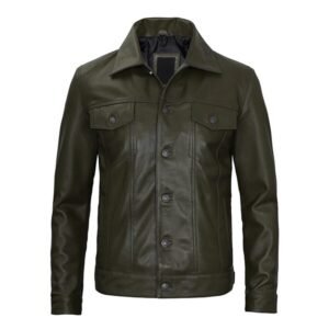 Fernando Mens Dark Green Real Leather Trucker Jacket 1