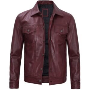 Fernando Mens Four Pockets Maroon Leather Trucker Jacket 2