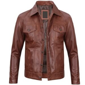 Fernando Men's Harrington Brown Leather Trucker Jacket 2