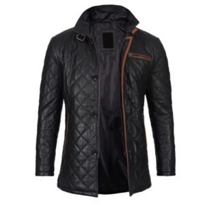 Glen Men Black Quilted Leather Car Coat 1