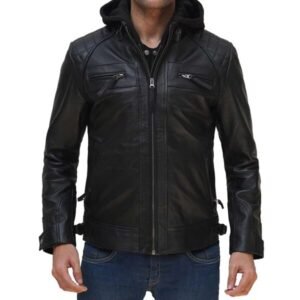 Johnson Hooded Black Leather Jacket