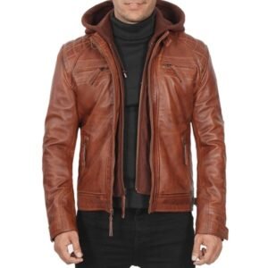 Johnson Mens Quilted Tan Leather Jacket With Detachable Hood 1