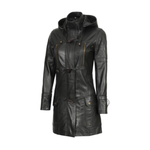 Lisa Womens Black Slim Fit Hooded 3 4 Leather Coat