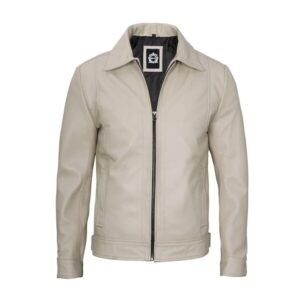 Men's Beige Real Leather Harrington Jacket 1-01