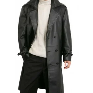 Belted Double Breasted Black Leather Trench Coat