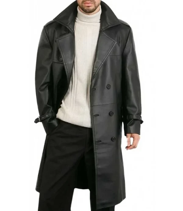 Belted Double Breasted Black Leather Trench Coat