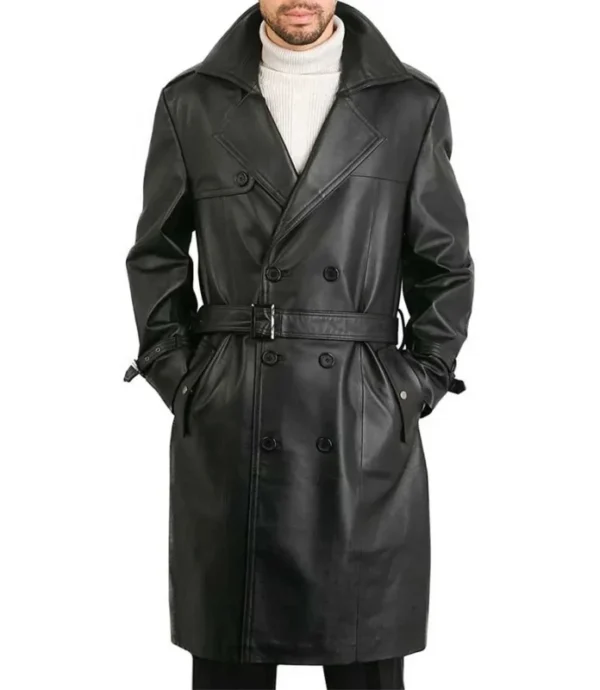 Belted Double Breasted Black Leather Trench Coat