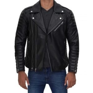 Mens Biker Style Asymmetrical Real Black Leather Jacket 3