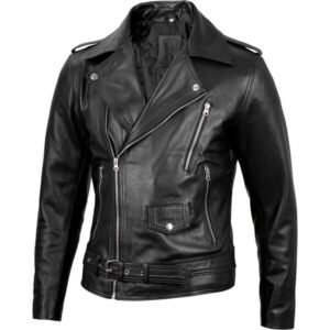 Mens Black Belted Moto Leather Jacket - Biker Style 1