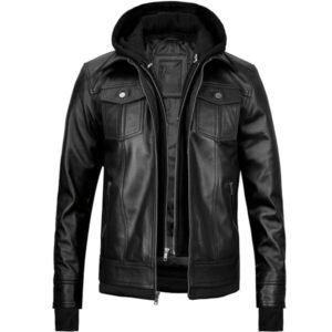 Black Men’s Leather Bomber Jacket with Hood