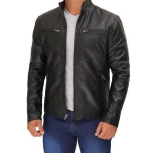 Mens Black Cafe Racer Leather Jacket 2