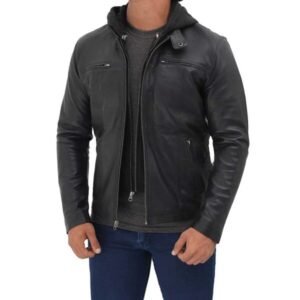 Mens Black Cafe Racer Leather Jacket With Removable Hood 1