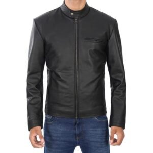 Mens Black Cowhide Leather Cafe Racer Jacket 3