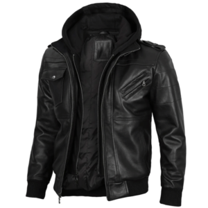 Mens Black Leather Jacket With Removable Hoodie