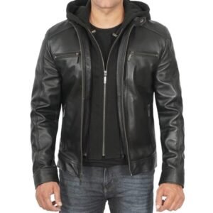 Men's Black Leather Racer Jacket With Removable Hoodie 3