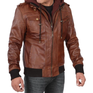 Brown Leather Bomber Jacket With Removable Hood