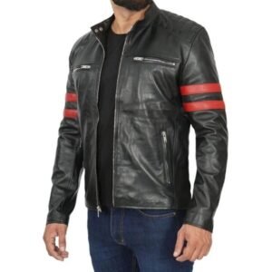 Mens Cafe Racer Black Leather Jacket With Red Stripes 3