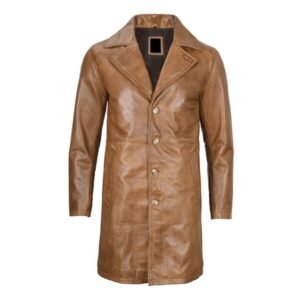 Mens Camel Brown Real Leather Car Coat