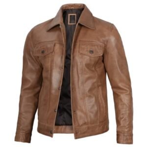 Mens Camel Brown Trucker Leather Jacket 1