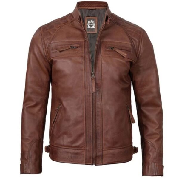 Mens Cognac Brown Cafe Racer Quilted Leather Jacket 3-01