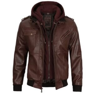 Mens Dark Brown Leather Bomber Jacket With Hood 3